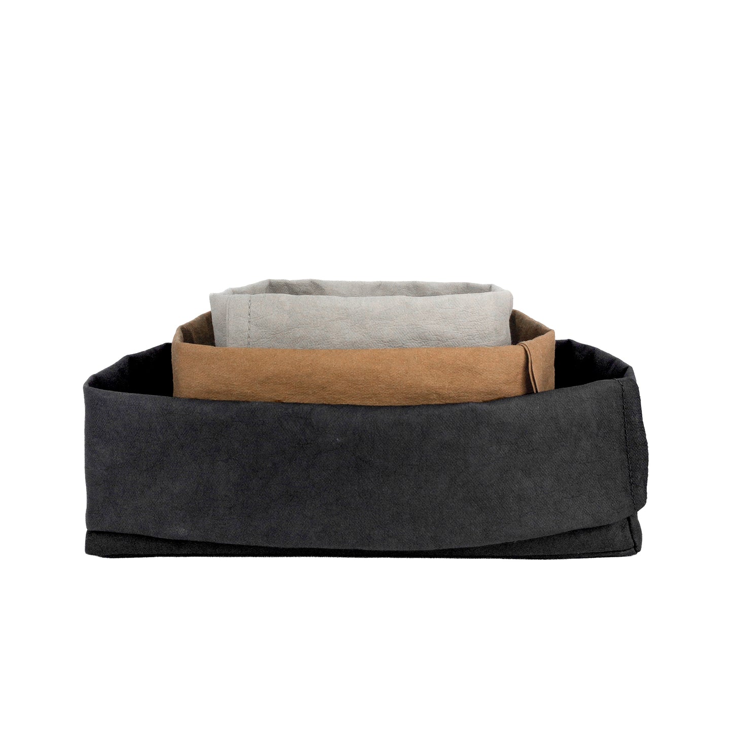 Stack of 3 neutral washable paper boxes, white BG—eco storage set