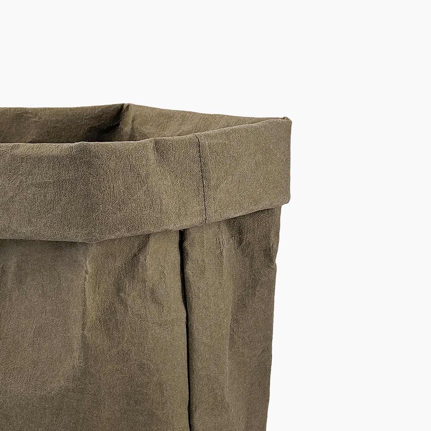 Close-up of an olive washable paper bag on a white background