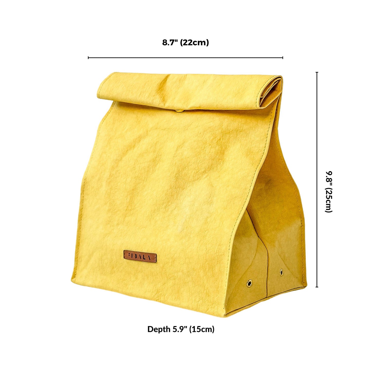 Minimalist yellow washable paper lunch bag with folded top and metal snap closure, standing upright on white background with visible product measurements