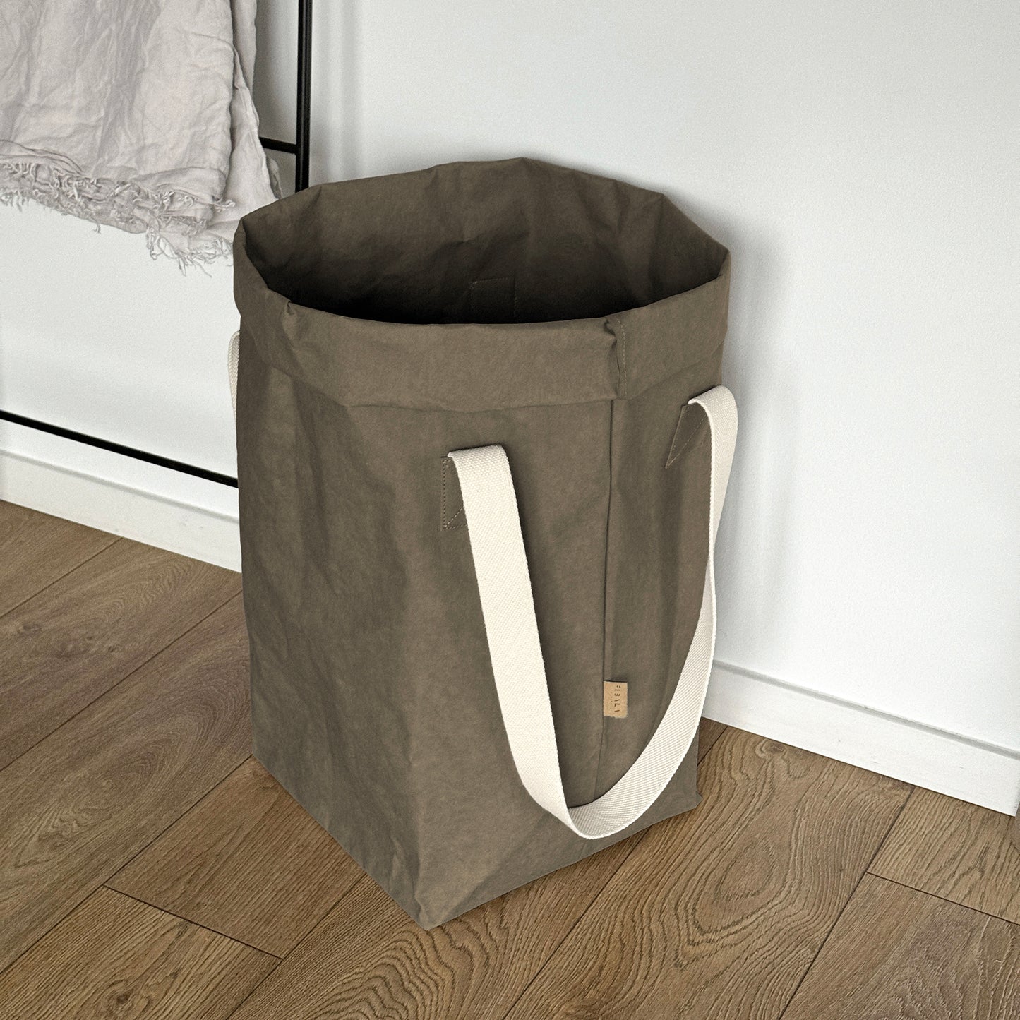 Olive natural washable paper laundry basket with cotton handles