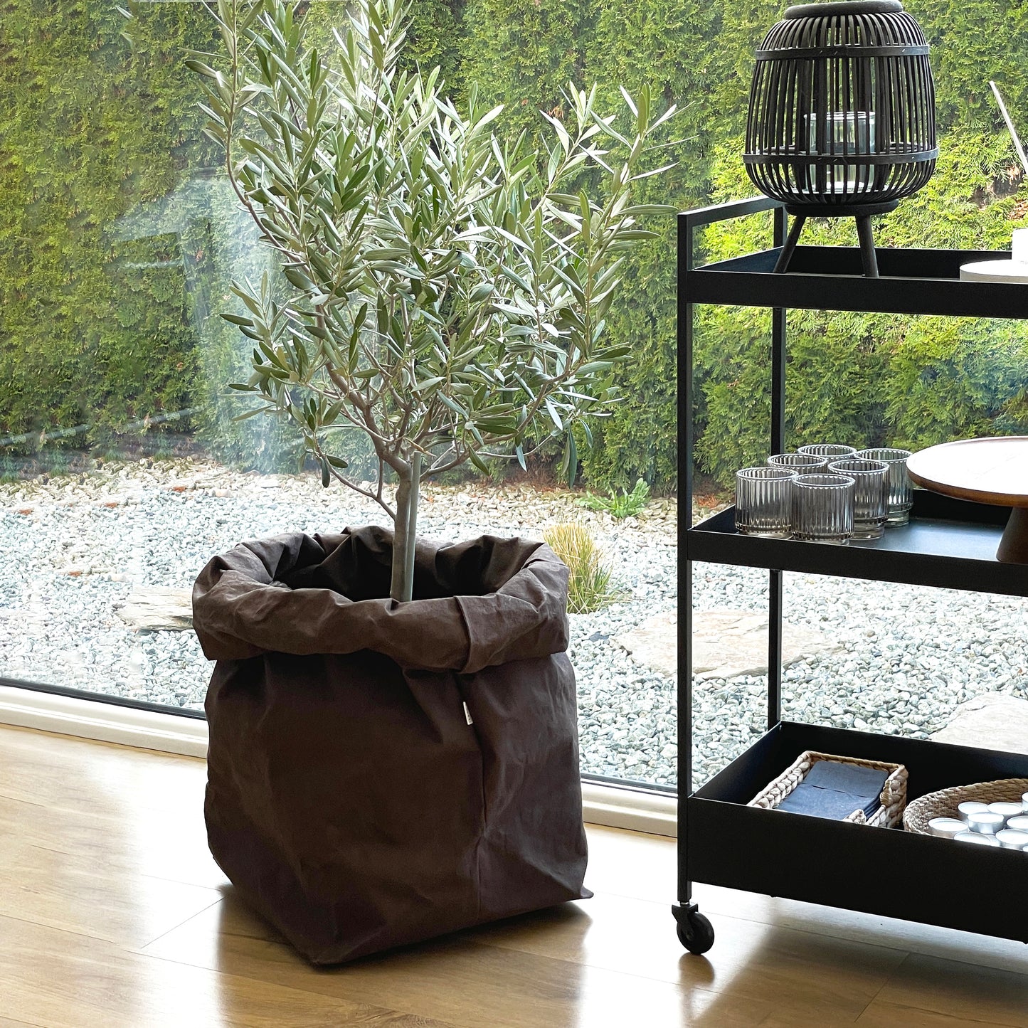 Potted plant in a brown washable paper planter bag next to a black metal cart with glassware against a window view.
