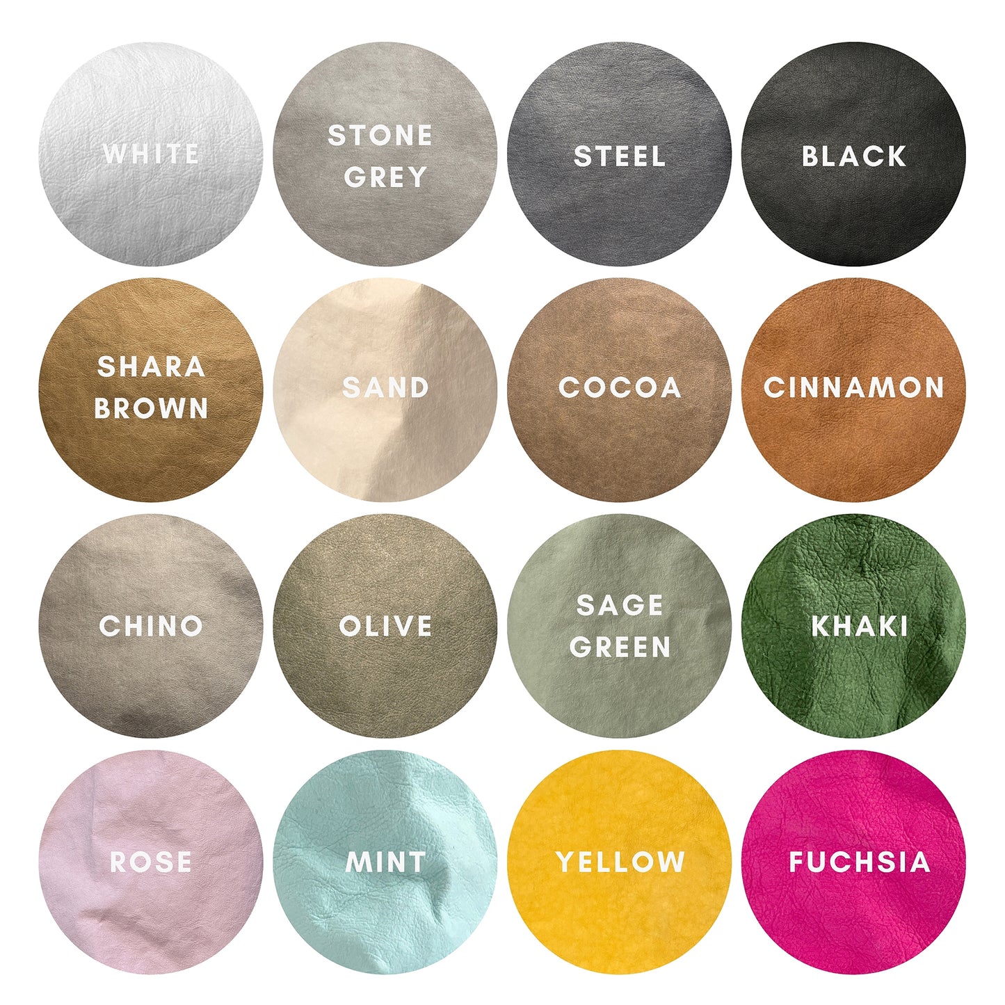 Washable paper color chart displayed in circular swatches, showing available color options for handmade eco-friendly lunch bags and accessories