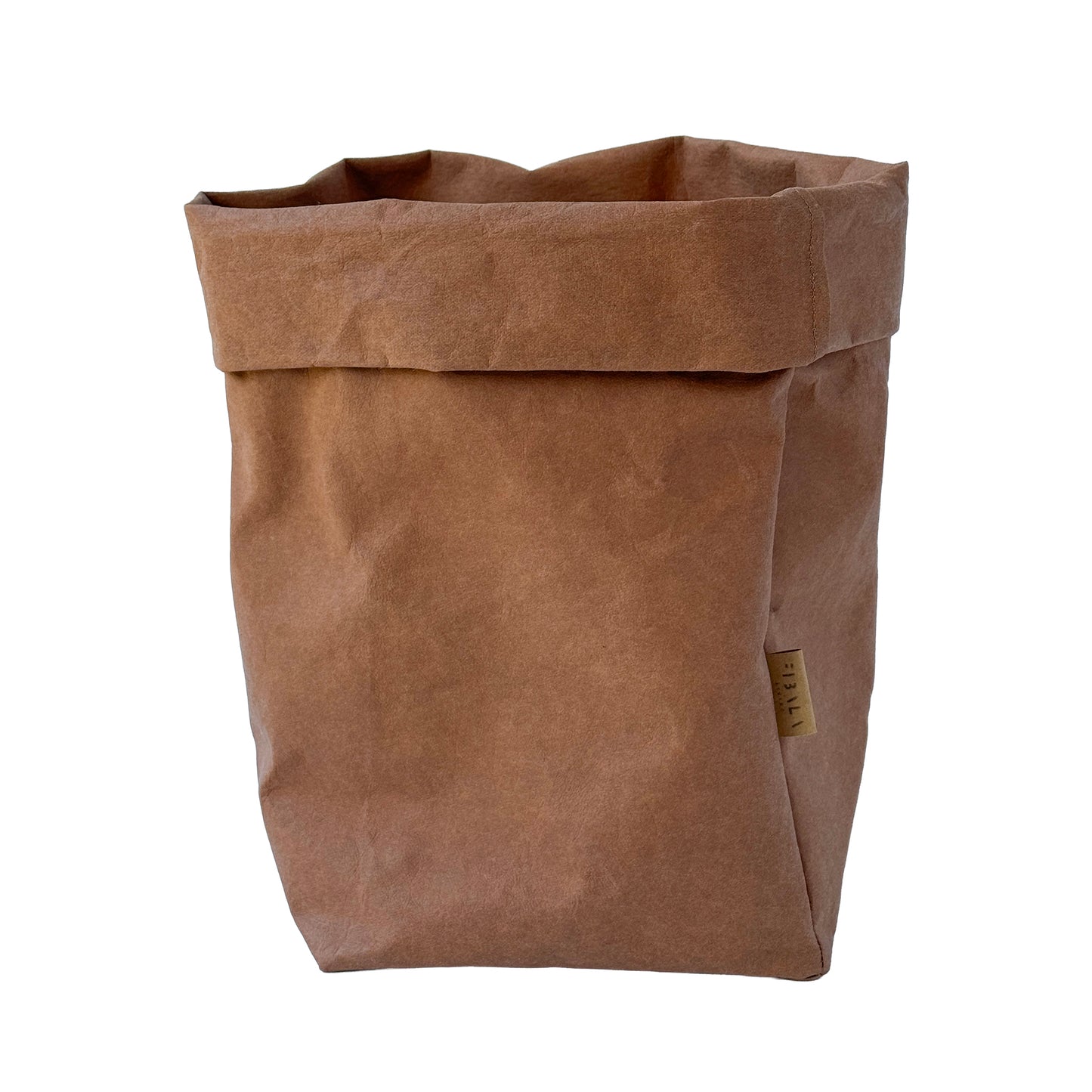 Extra-large cinnamon brown washable paper bag with visible brand label on white background | Eco-friendly reusable bag