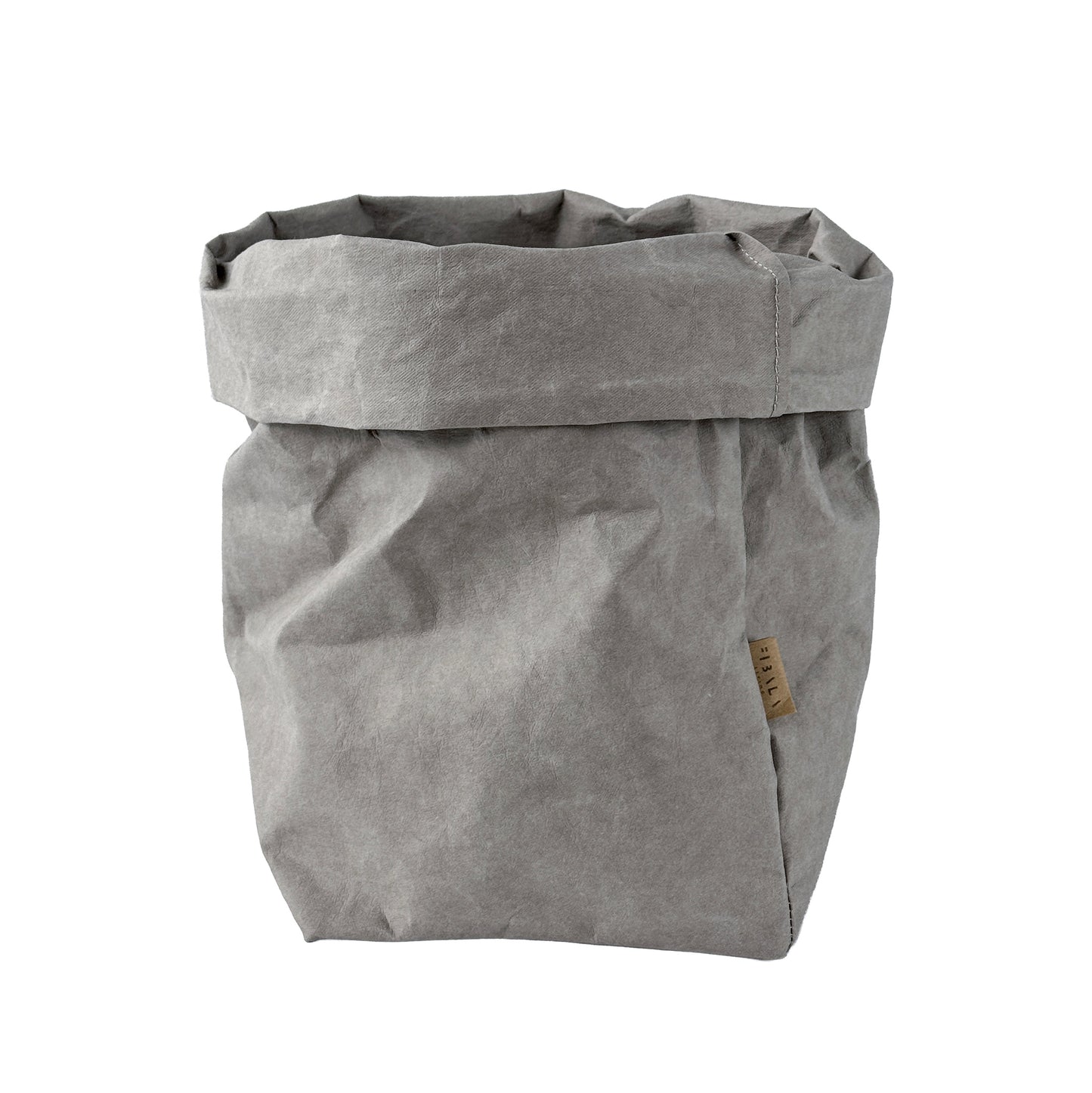 Extra-large grey washable paper bag with visible brand label, on white background | Versatile, eco-friendly reusable storage solution