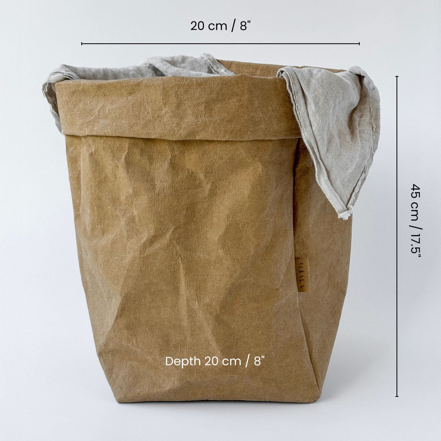 XL brown washable paper bag with dimensions labeled, on white background | Eco-friendly, versatile storage solution