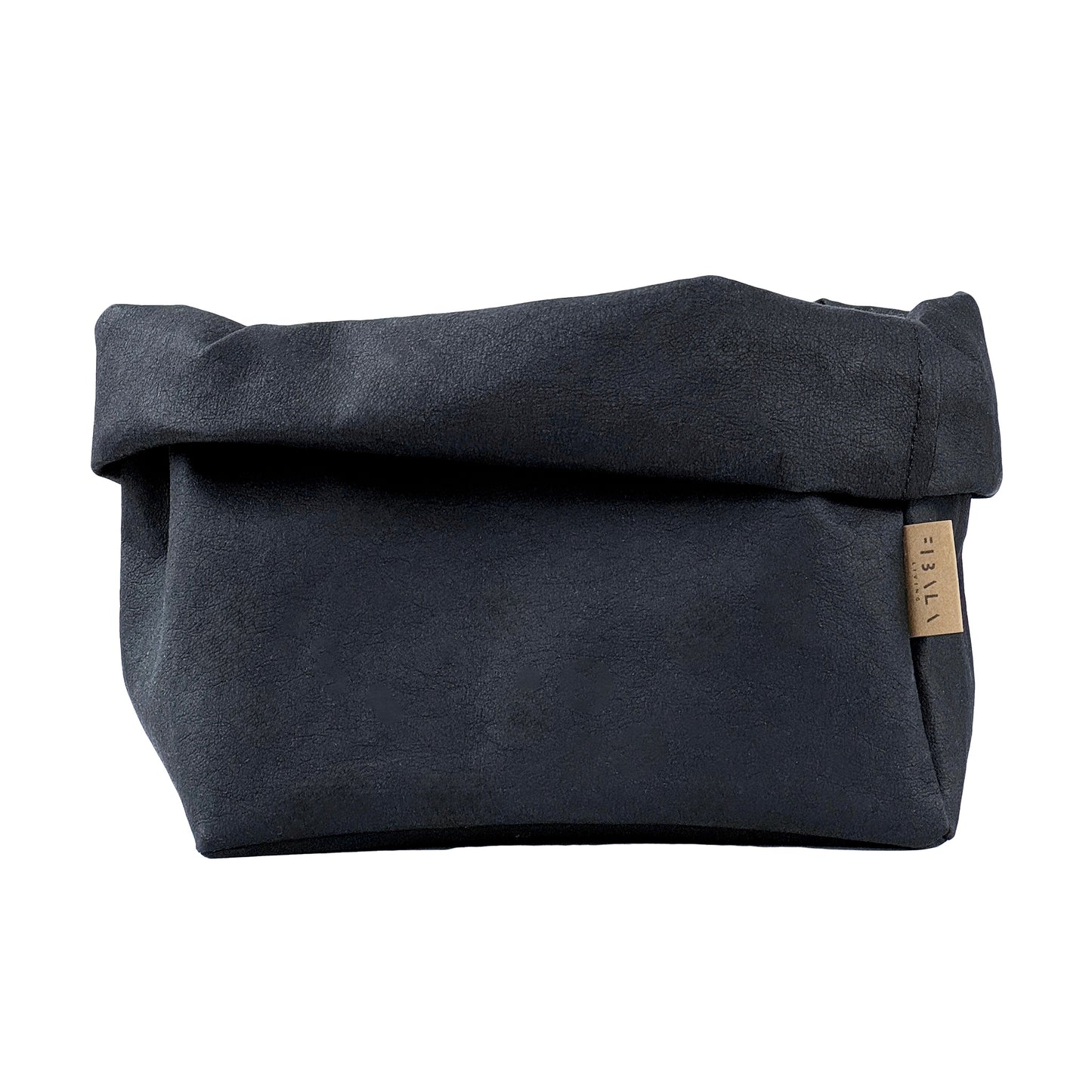 Black washable paper bag with a brand label on a white background