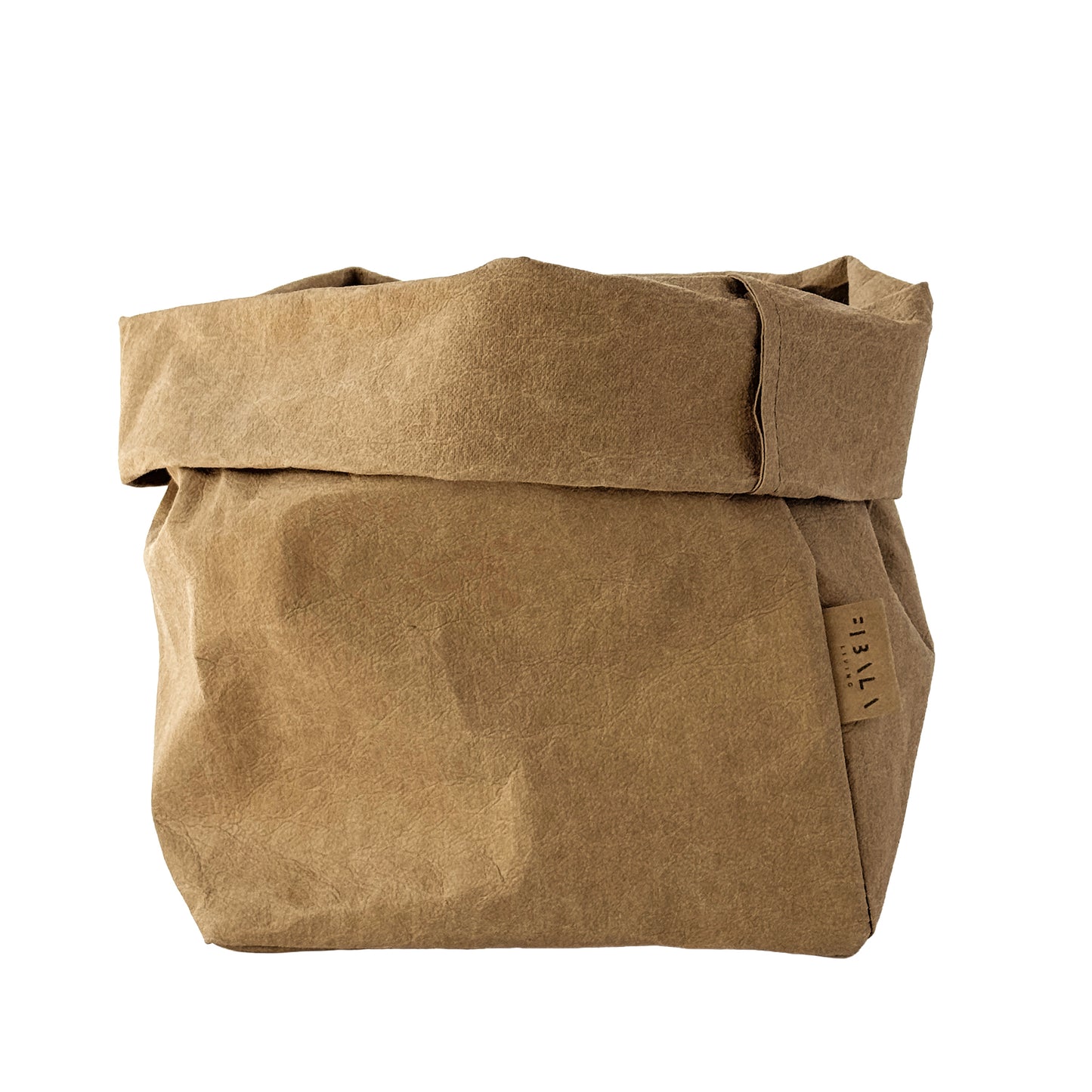 Brown washable paper bag with Fibala Living label on white background.