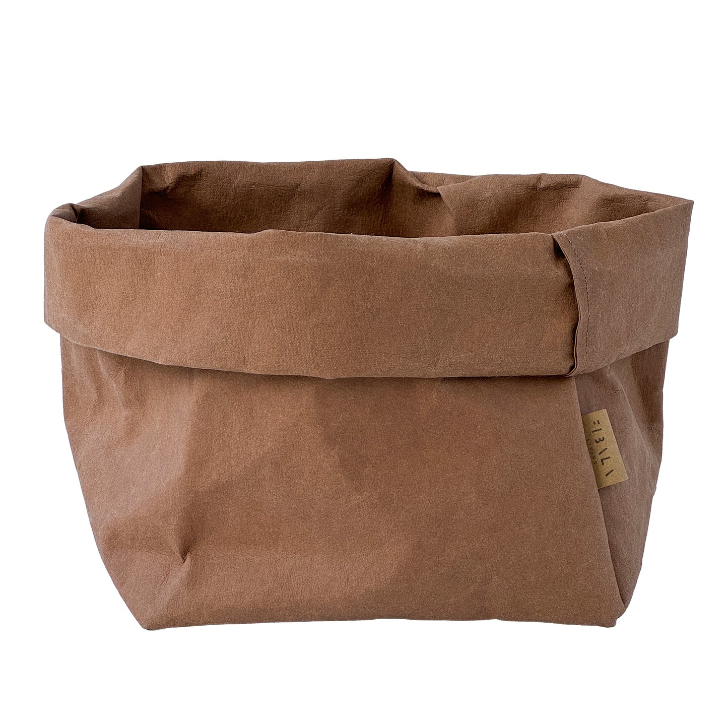 Cinnamon brown washable paper bag with a visible brand label on a white background