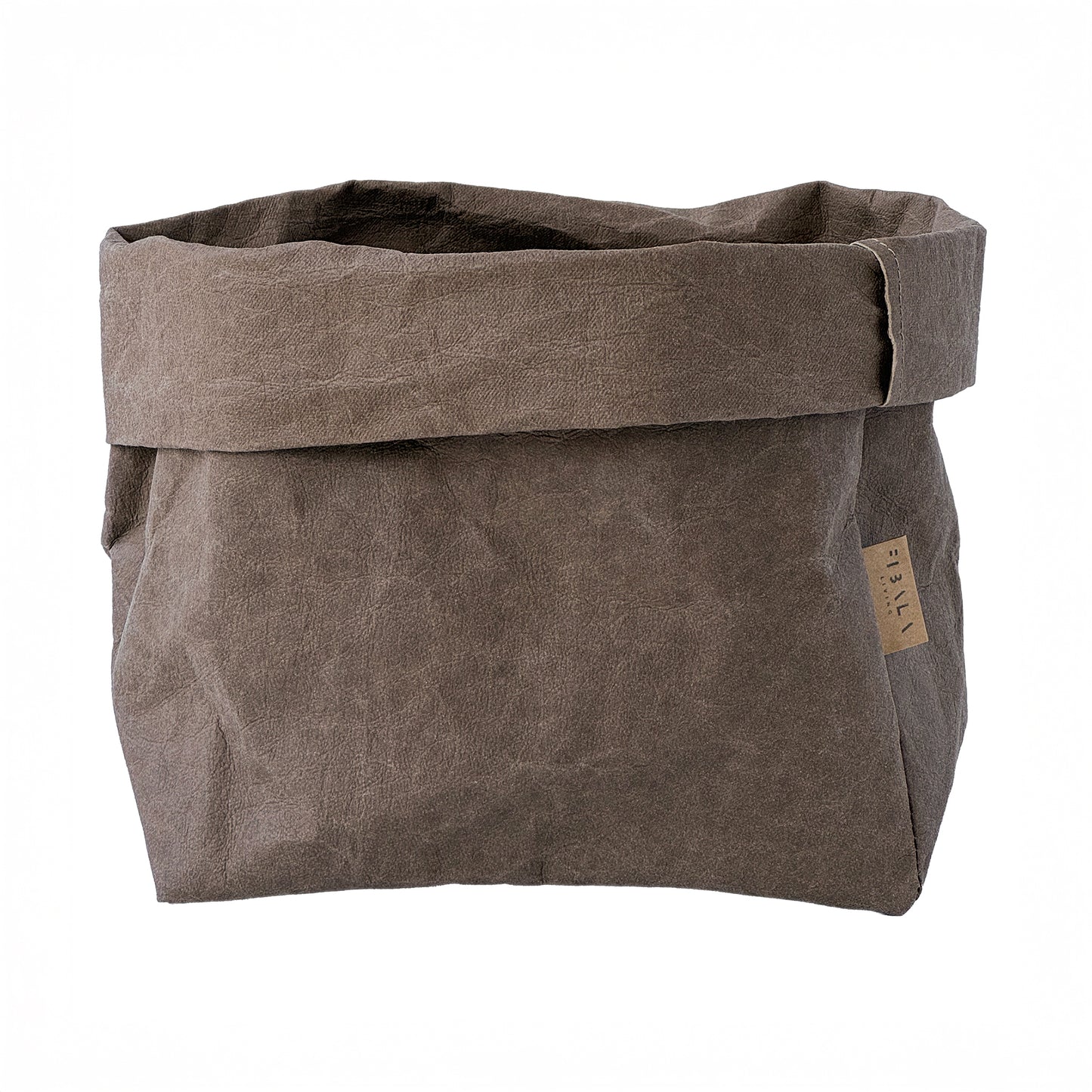Brown washable paper bag with a visible brand label on a white background