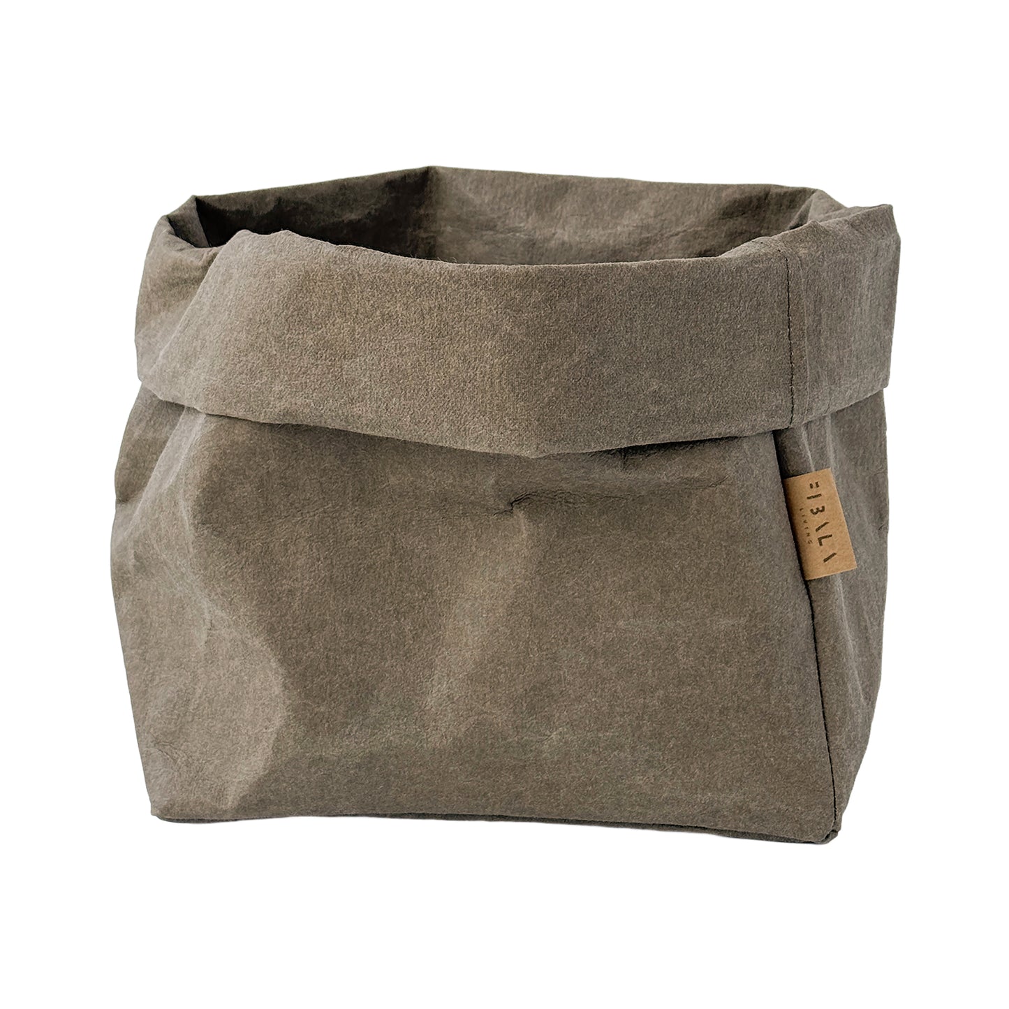 Olive green washable paper bag with a visible brand label on a white background