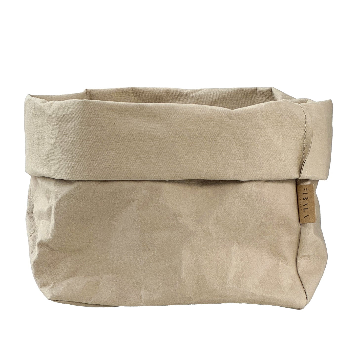 Sand beige washable paper bag with a visible brand tag on a white background