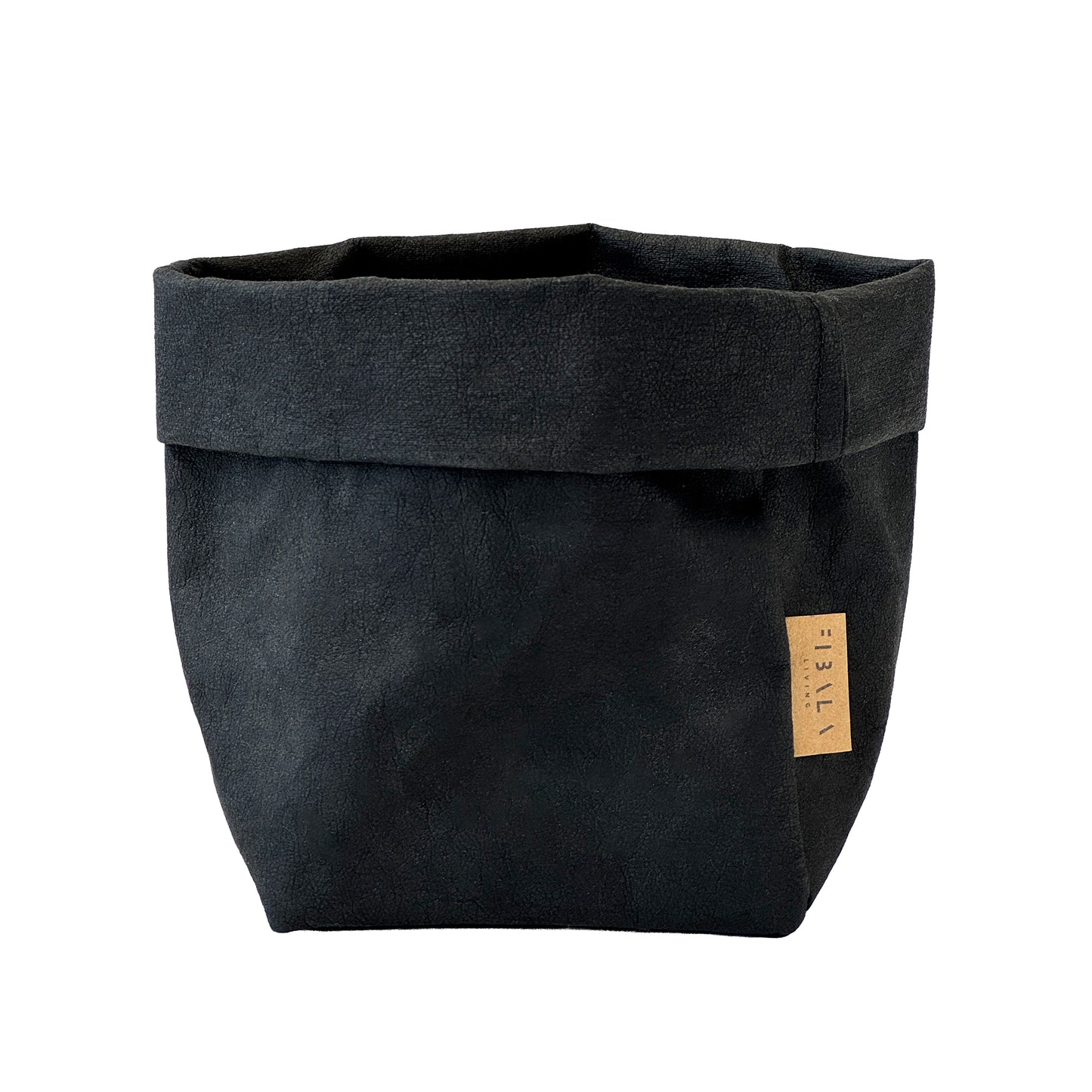 Small Black Washable Paper Bag with Brand Label on White Background