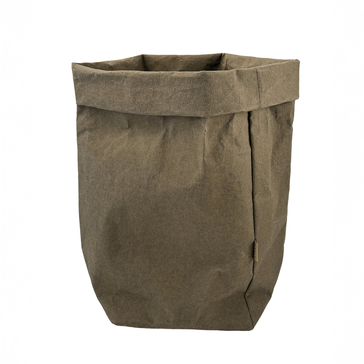 Olive green washable paper bag in XXL size, on white background | Eco-friendly, versatile storage solution