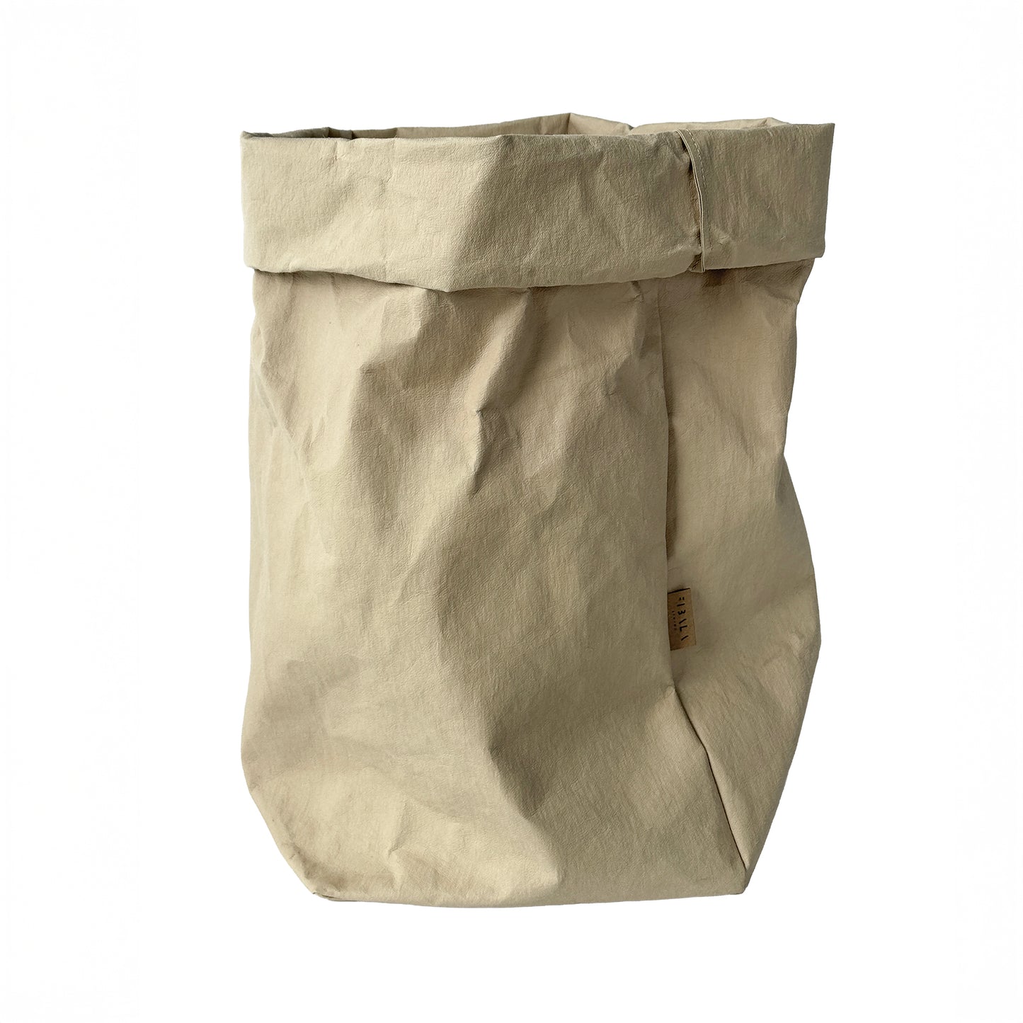 XXL sand beige washable paper bag with brand logo, on white background | Eco-friendly, reusable storage solution