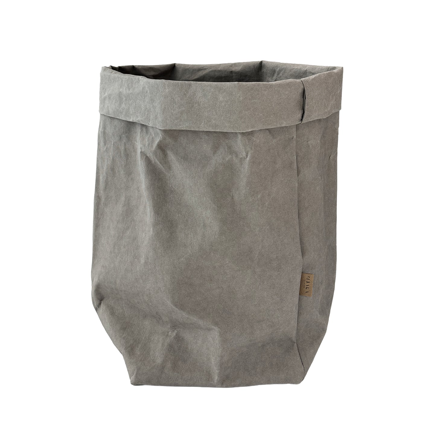 XXL gray washable paper bag with a small label, on white background | Eco-friendly, versatile storage solution
