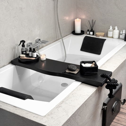 Black live-edge wood bath caddy, black cotton rope, holds spa essentials on tub rim