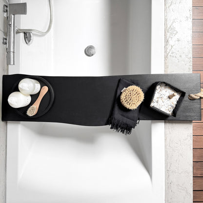 Black live-edge wood bath caddy, jute rope, top view spa tray holding tub-side essentials