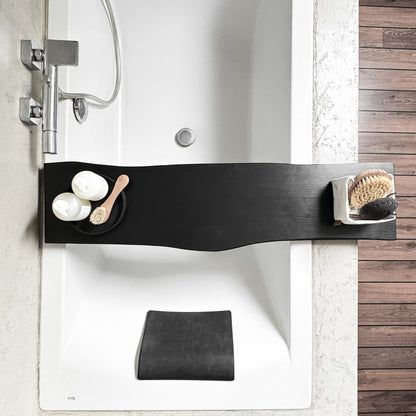 Black live-edge wood bath caddy, top view spa tray holding tub-side essentials