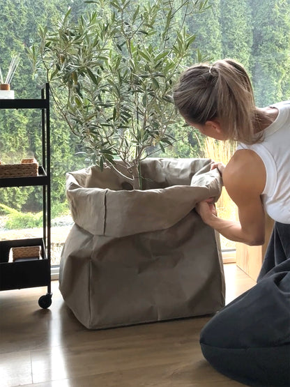 Woman rolling down the top of a large washable paper storage bag with a leafy plant, chino color, styling tutorial