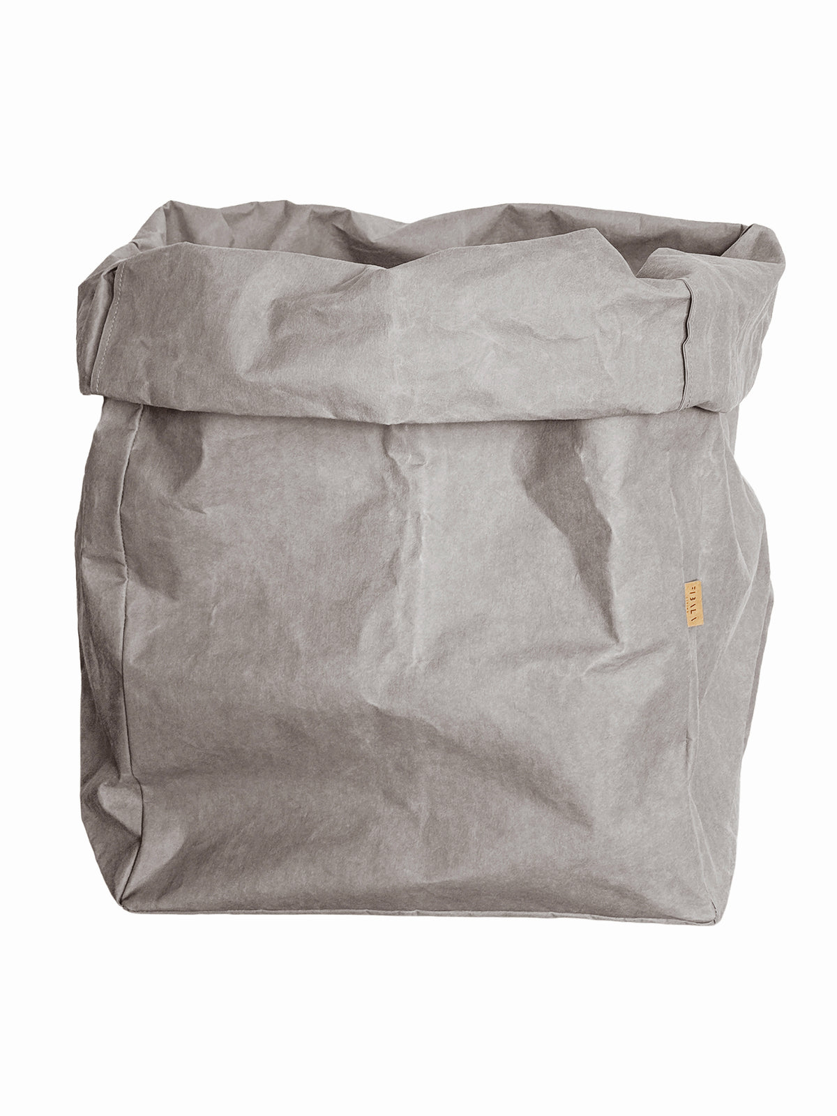 Gray washable paper tote bag, studio shot on white background