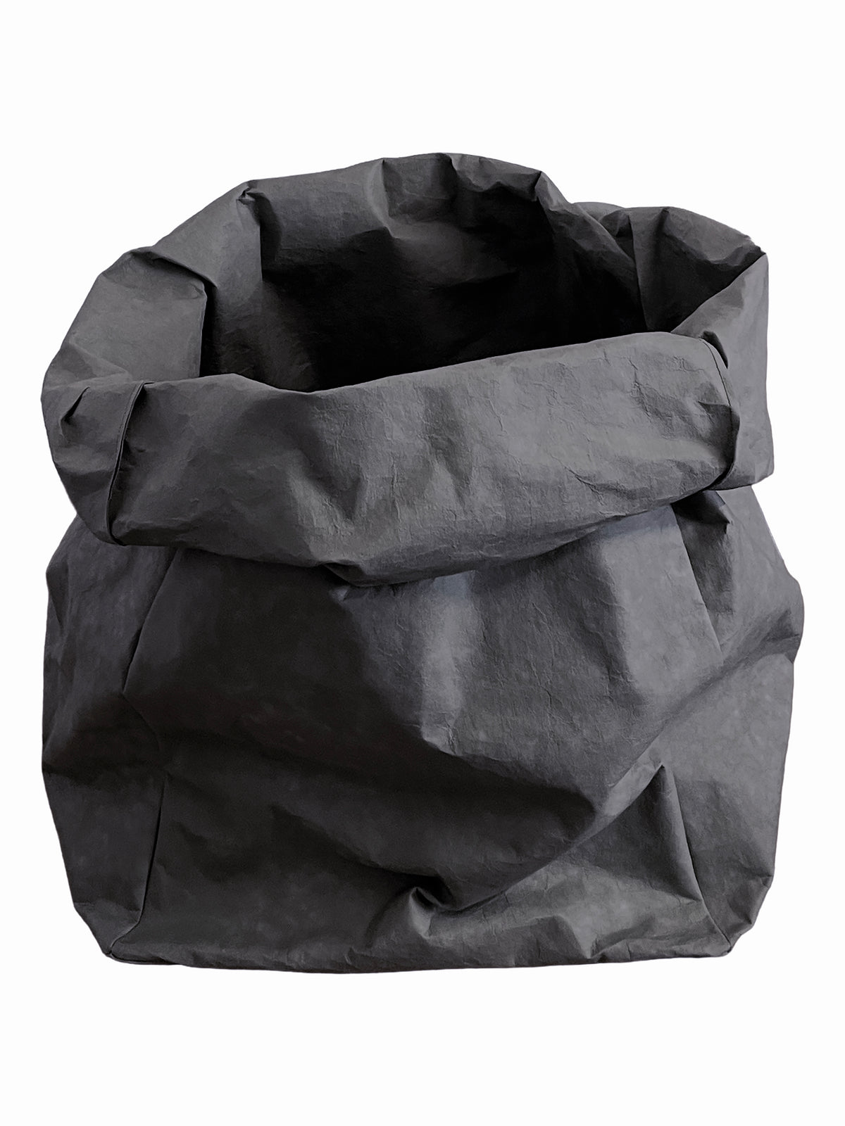 Dark gray washable paper storage bag with an open rolled top, studio shot on white background