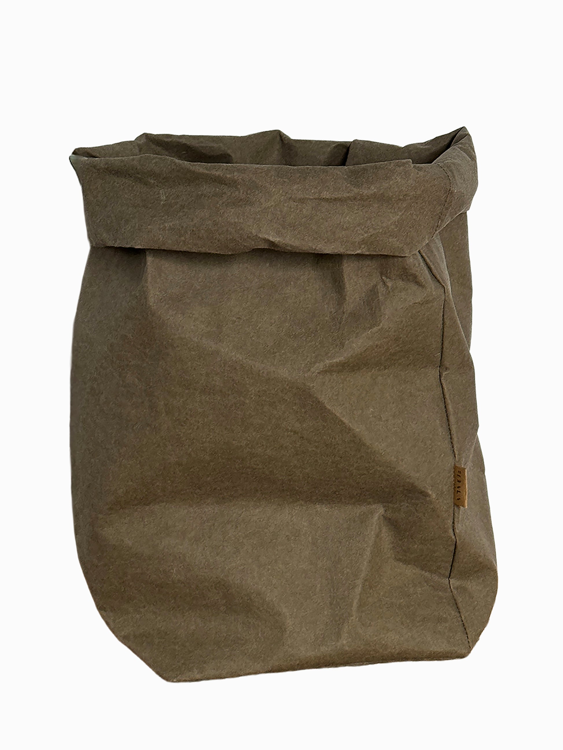 Olive color washable paper roll-top bag, studio shot on white background