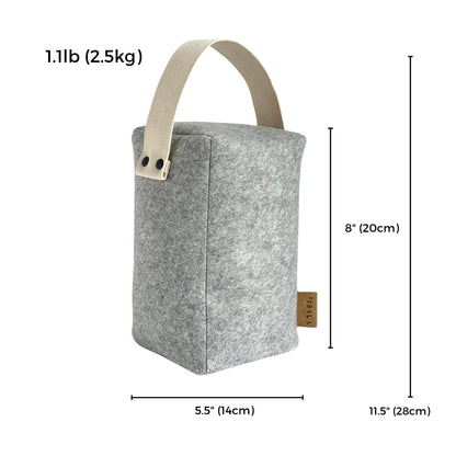 LUND wool door stop in light grey with cotton handle, dimensions shown