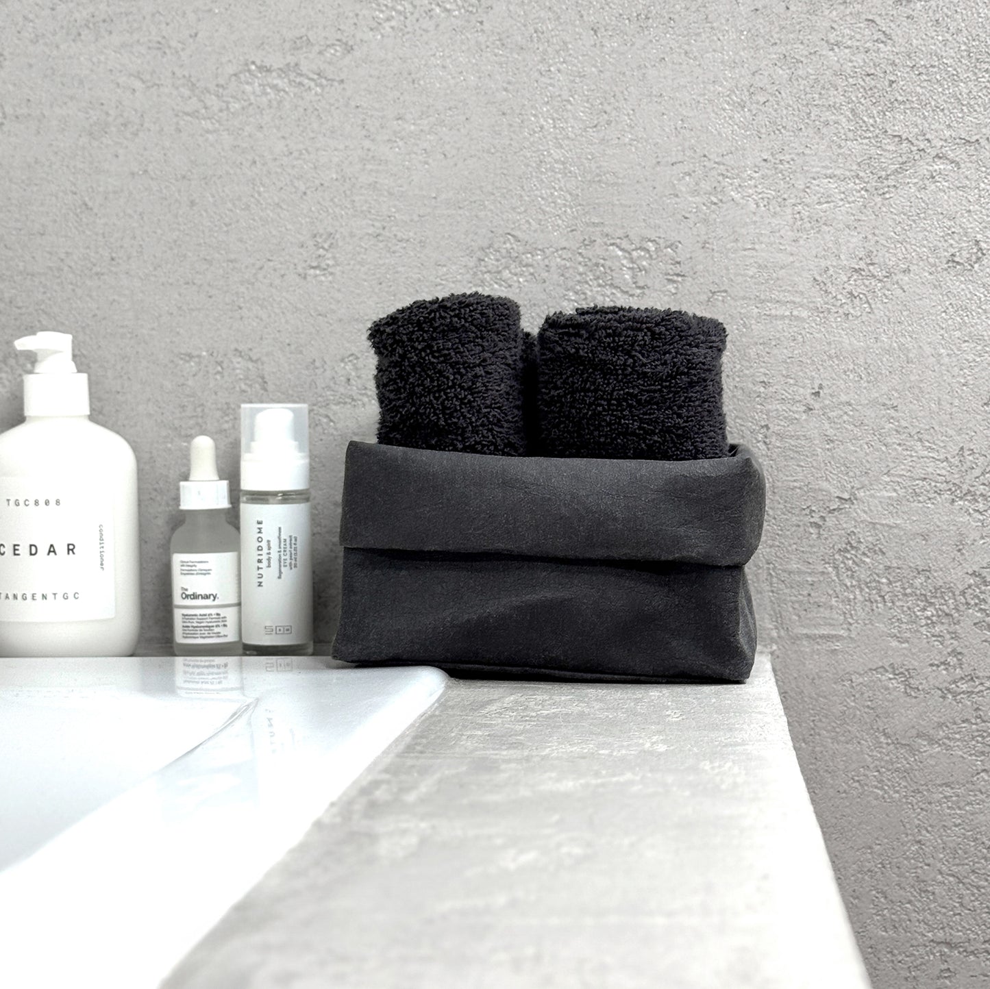 Medium black washable paper box + towels, bath edge—eco storage organizer