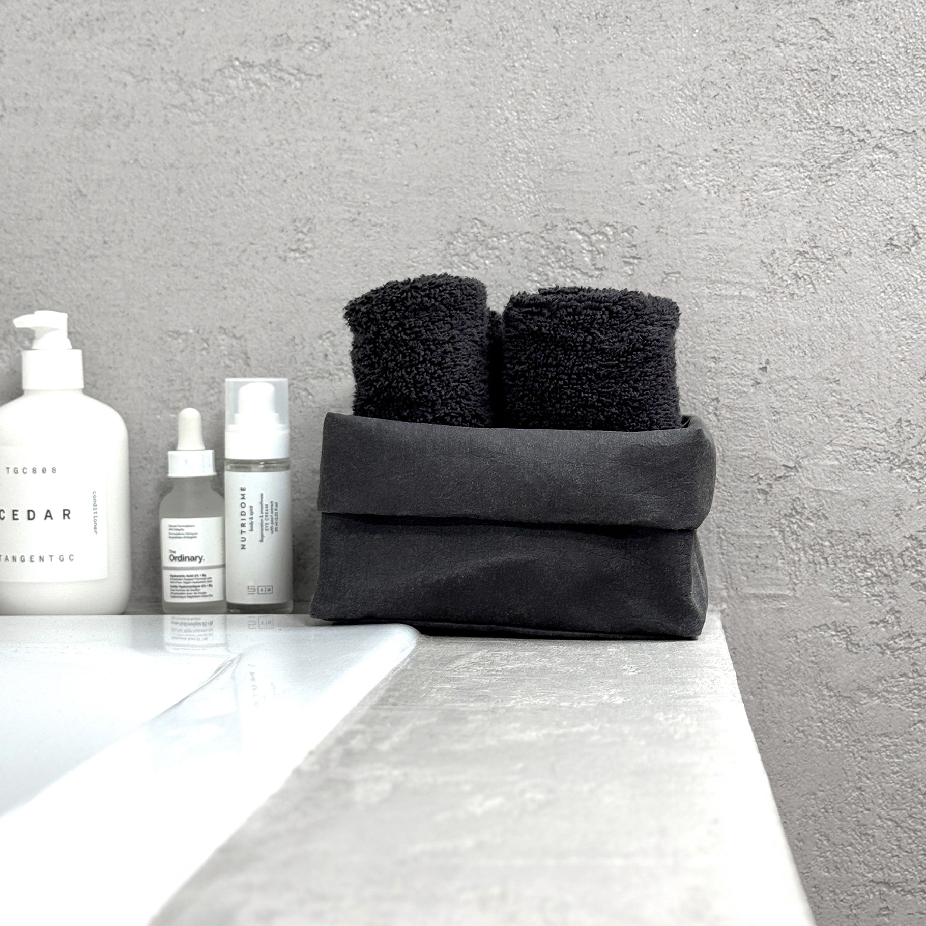 Medium black washable paper box + towels, bath edge—eco storage organizer