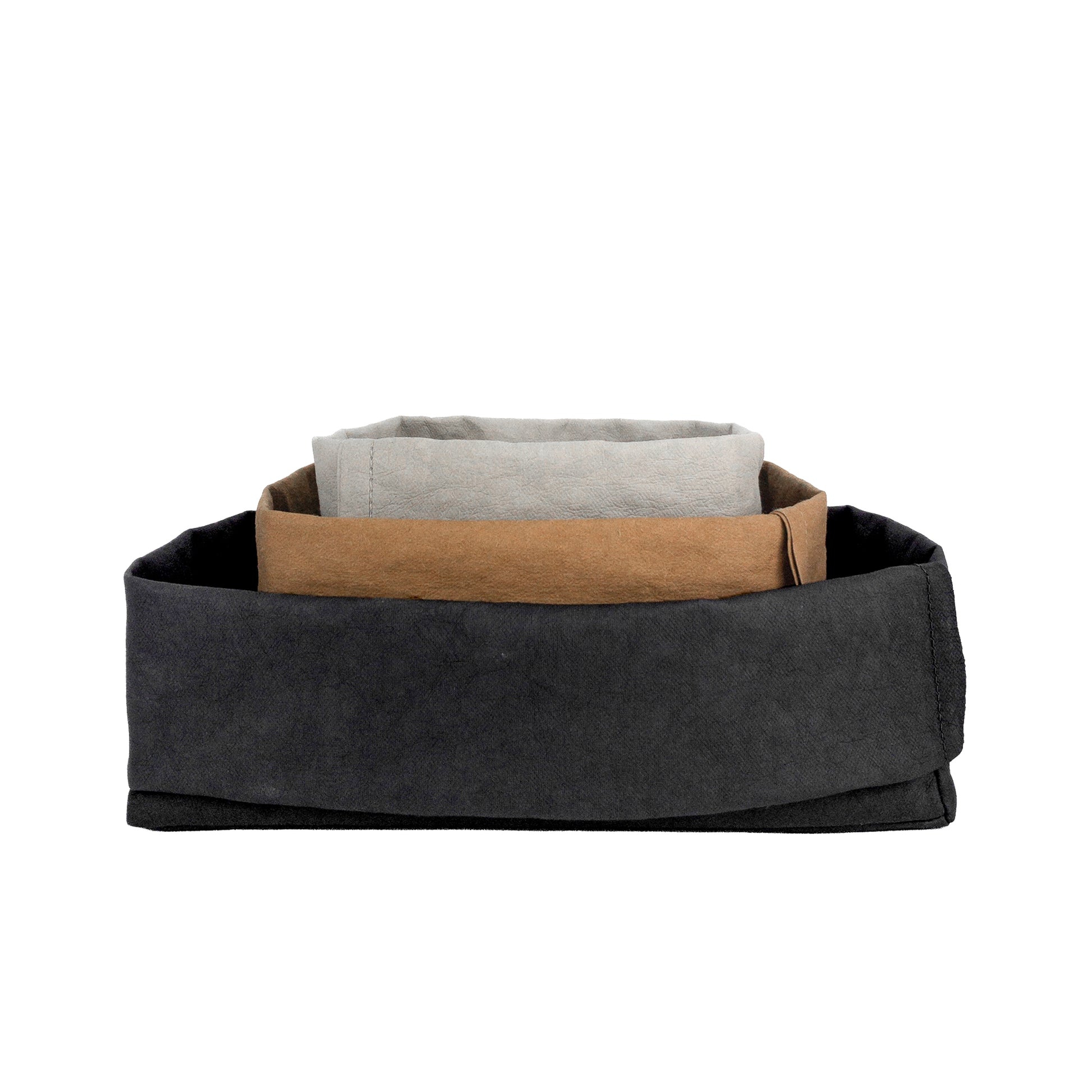 Stack of 3 neutral washable paper boxes, white BG—eco storage set