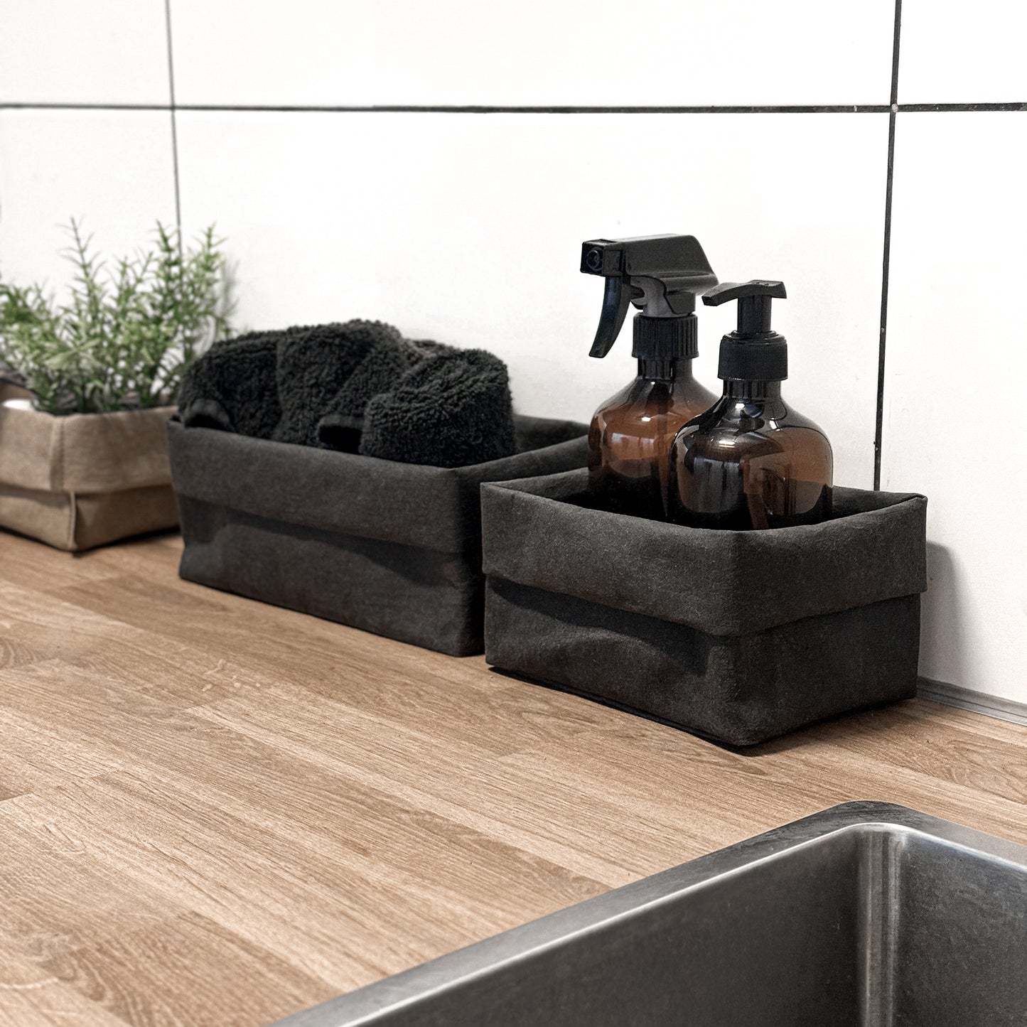 Black washable paper boxes, soap & spray + towels, laundry counter—eco storage set