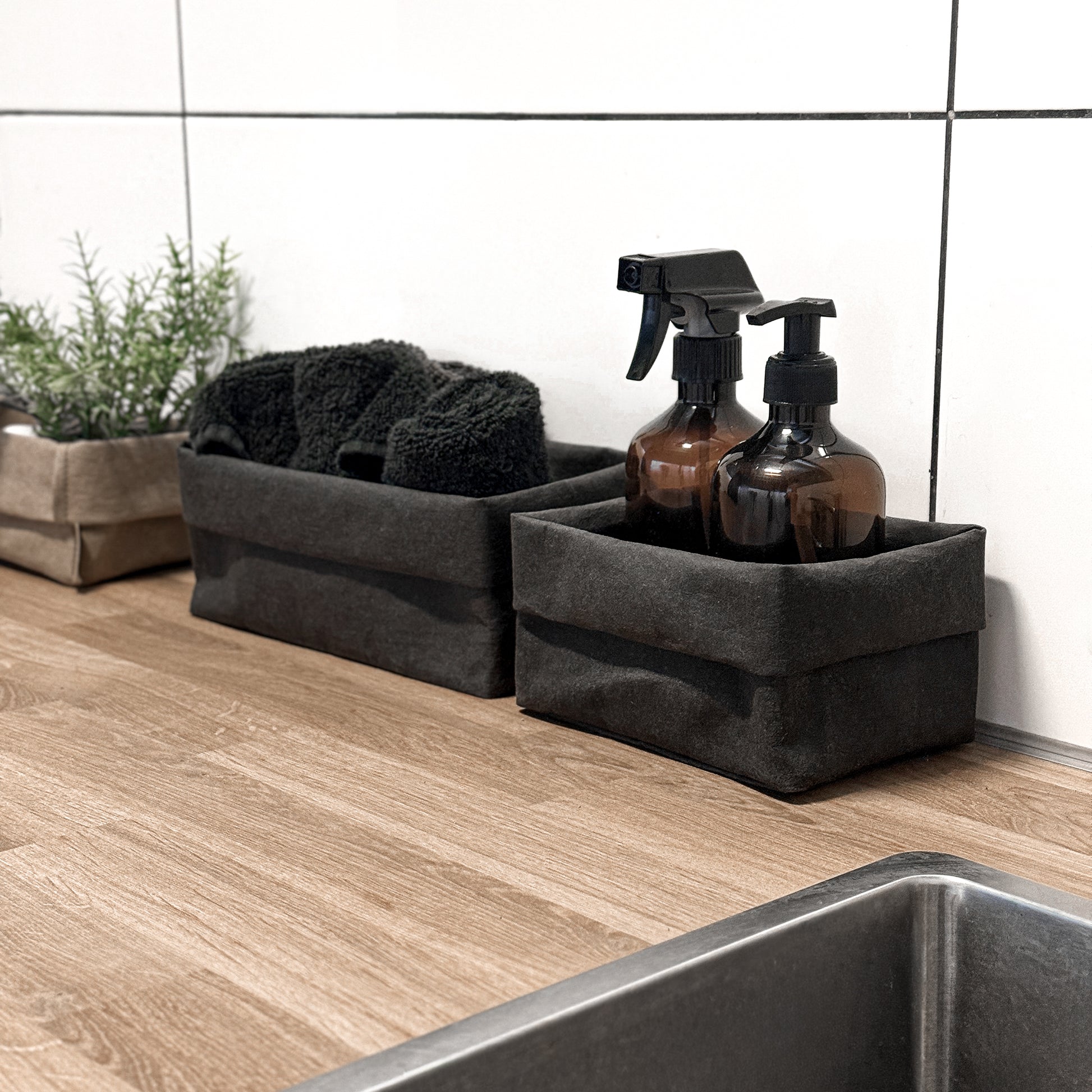 Black washable paper boxes, soap & spray + towels, laundry counter—eco storage set