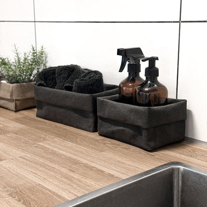 Black washable paper boxes, soap & spray + towels, laundry counter—eco storage set