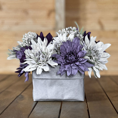 Small grey washable paper box, flower arrangement, wood table—eco chic centerpiece
