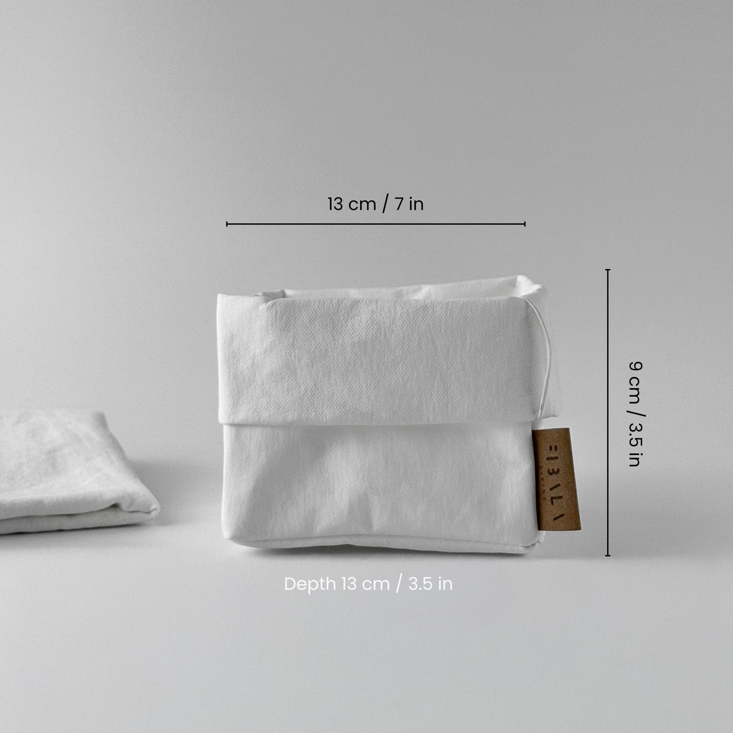 Small white washable paper box, size guide, white BG—minimalist eco storage