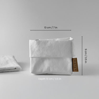 Small white washable paper box, size guide, white BG—minimalist eco storage