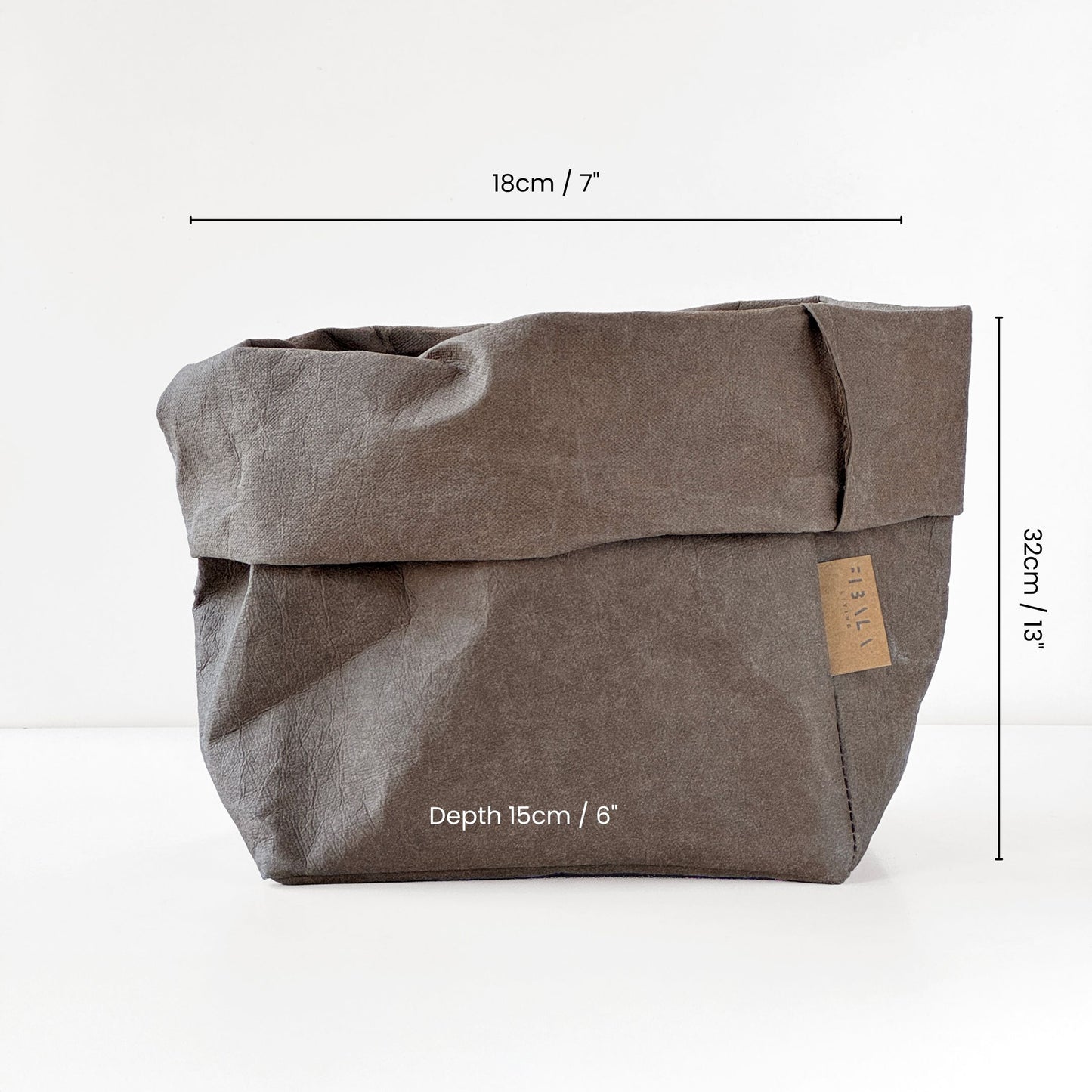 Medium cocoa washable paper bag, size guide, white BG—eco reusable tote