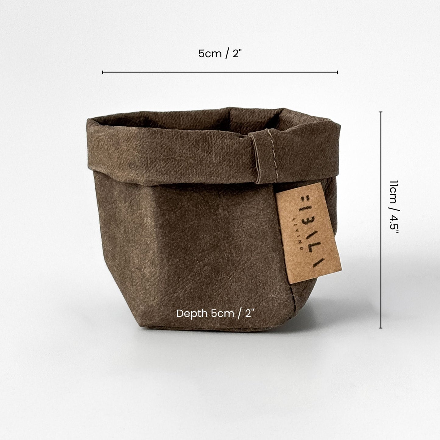 Brown washable paper bag pot, size guide & tag, white BG—eco chic planter