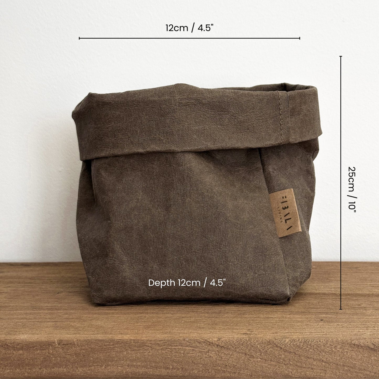 Small Brown Washable Paper Bag with Dimensions on Wooden Surface