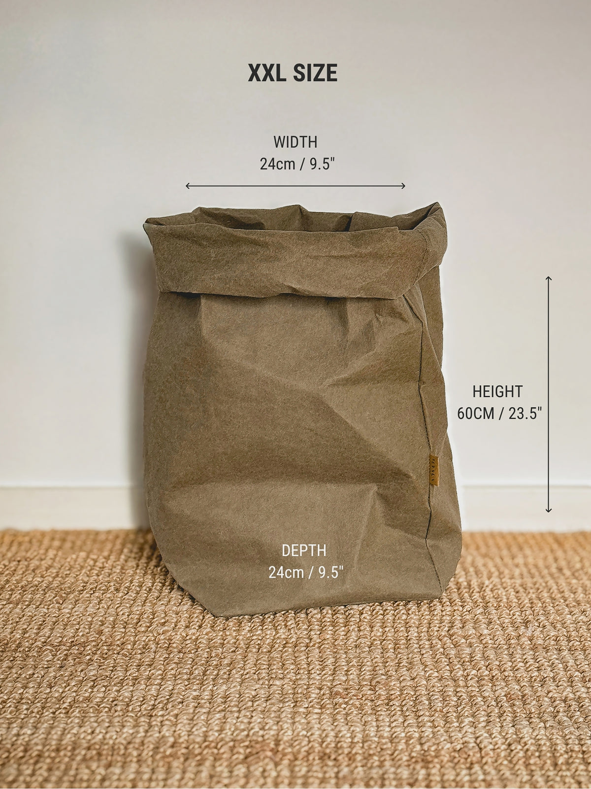 XXL washable paper storage bag dimensions: 60 cm high, 24 x 24 cm base