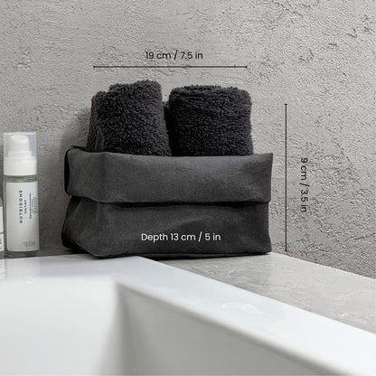 Medium black washable paper box, size guide, white BG—minimalist eco storage