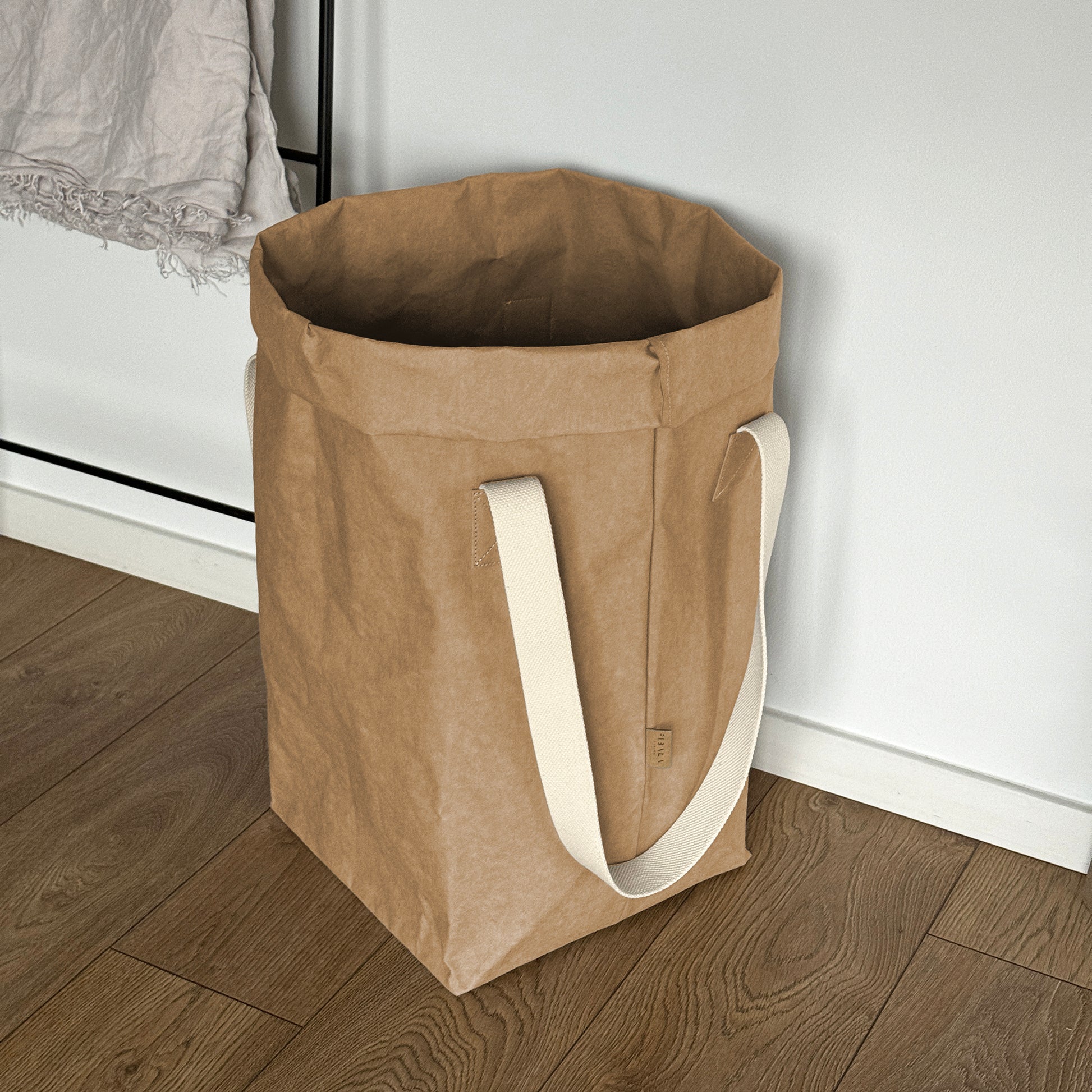 Brown natural washable paper laundry basket with cotton handles