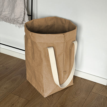 Brown natural washable paper laundry basket with cotton handles