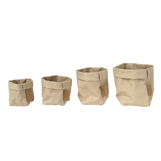 Small 4-pack sand beige washable paper bags, white BG—compact eco storage set