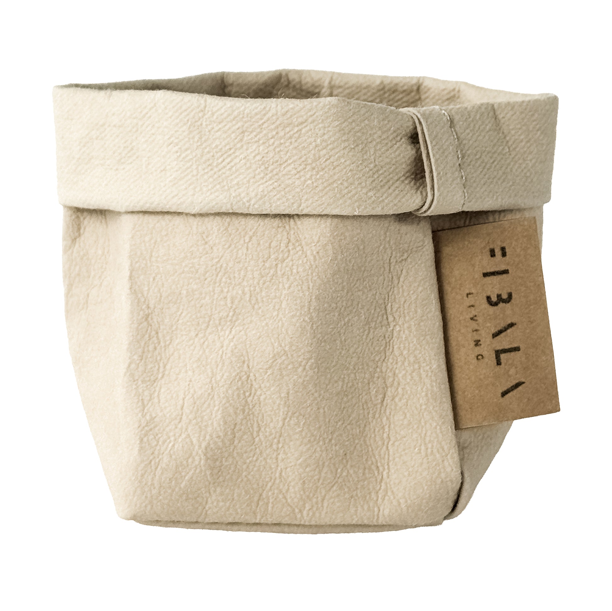Mini Sand Beige Washable Paper Bag on White Background. Eco-friendly and Stylish.
