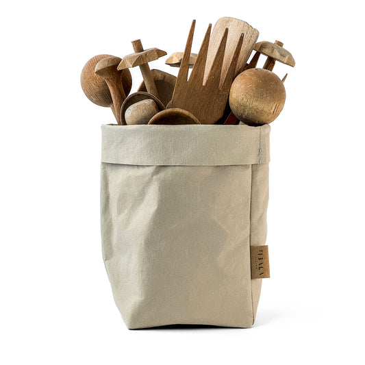 Small Sand Beige Washable Paper Bag with Wooden Utensils on White Background, Eco-Friendly and Stylish for On-the-Go Use