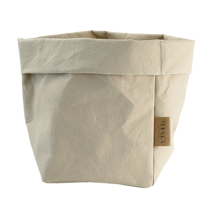 Small Sand Beige Washable Paper Bag with Brand Label on White Background