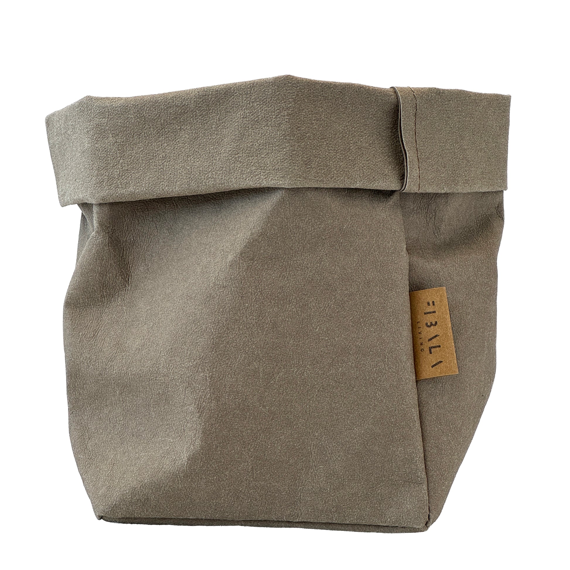 Small Chino Brown Washable Paper Bag with Brand Label on White Background