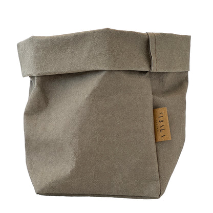 Small Chino Brown Washable Paper Bag with Brand Label on White Background