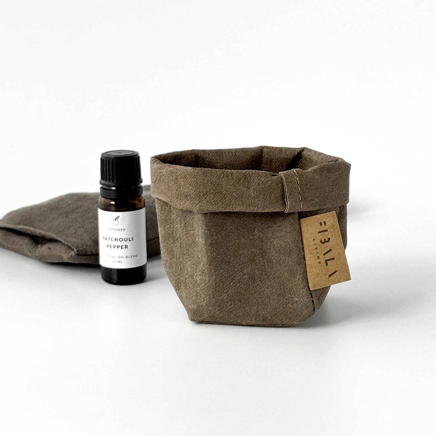 XS cocoa brown washable paper bag, bottle & label, white BG—eco mini tote